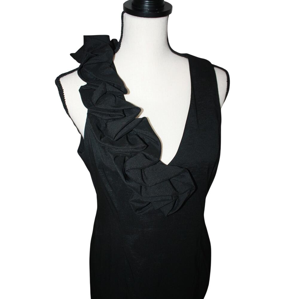 SL Fashions Black Sleeveless Midi Cocktail Dress Women's Size 12P V-Neck Ruffle - Picture 2 of 8
